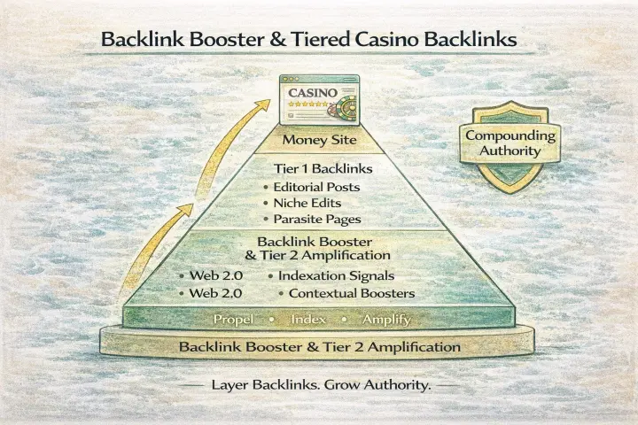 Backlink booster and tiered casino backlink amplification — Tier-2 links reinforcing primary authority placements for compounding link equity