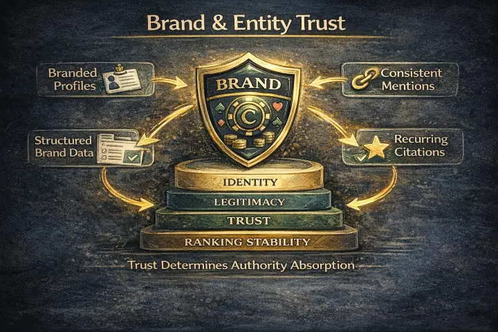 Brand and entity trust signals — branded profiles, consistent identity, and interlinked assets forming the casino SEO foundation layer