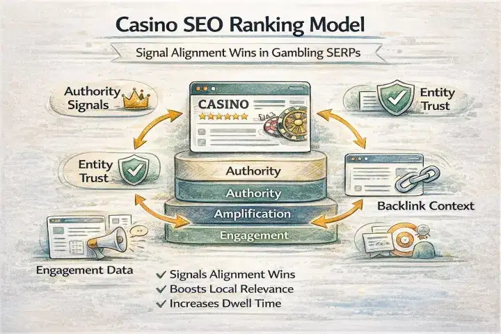 Casino SEO ranking model showing the layered approach: branded foundation, parasite SEO, editorial links, expired domains, and engagement optimization