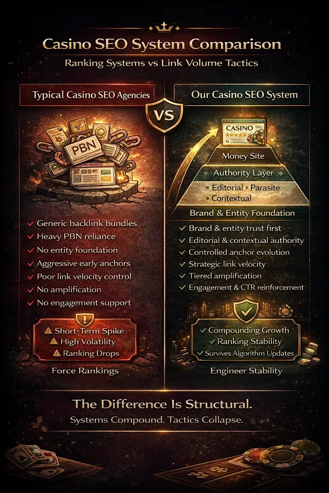 Casino SEO system comparison infographic — Task Force Now's layered approach versus typical agency tactics showing differences in brand trust, link quality, amplification, and long-term results