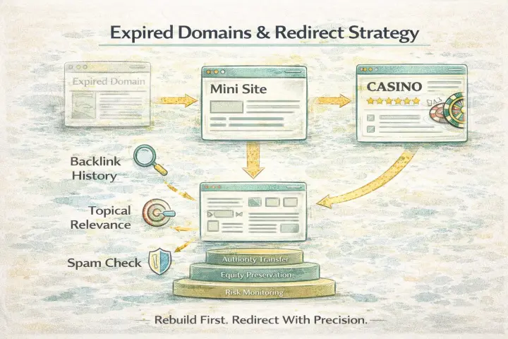 Expired domain and redirect strategy for casino SEO — clean domain acquisition, topical rebuilds, and strategic 301 redirects to casino money pages