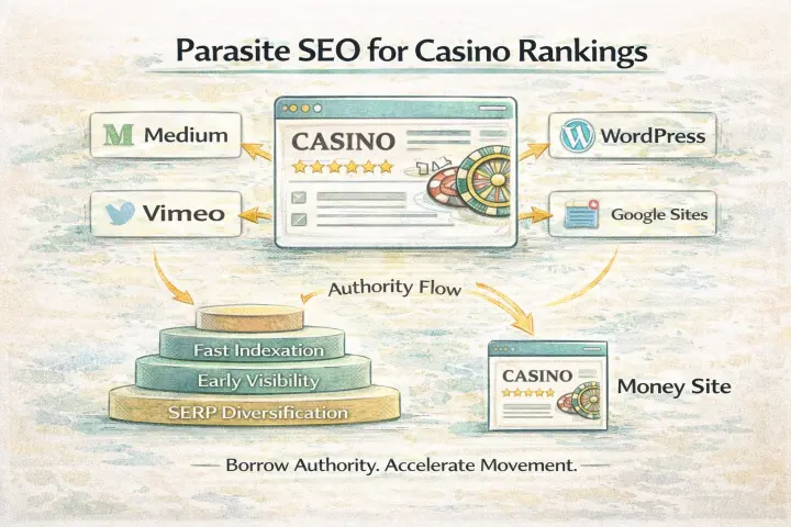 Parasite SEO strategy for casino rankings — optimized content published on high-authority third-party platforms to accelerate iGaming visibility
